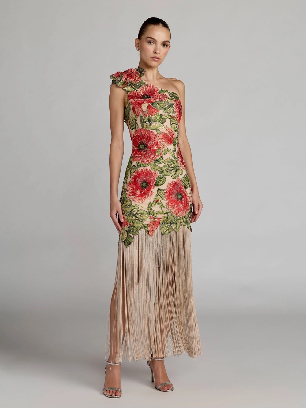 NWT Mac Duggal Beige Embroidered One Shoulder Dress With Fringe Hem